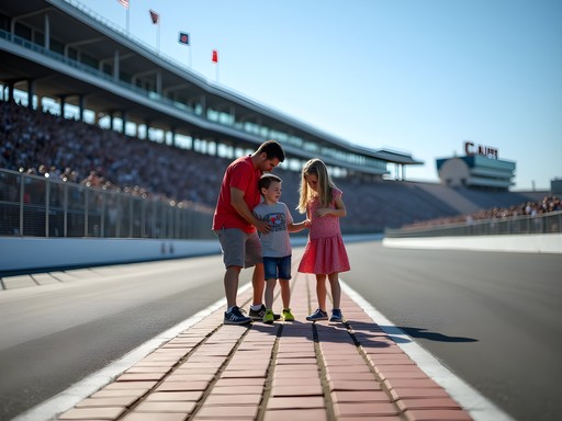 Family standing at the famous yard of bricks finish line at Indianapolis Motor Speedway