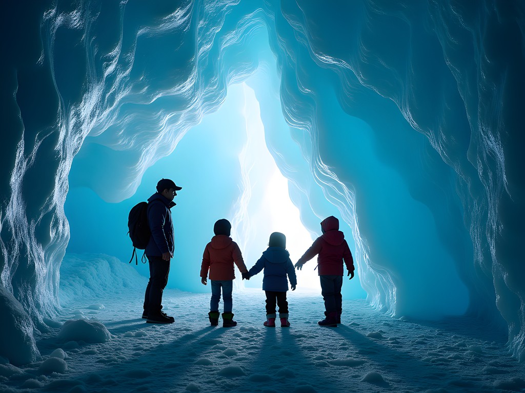 Family exploring ice cave in Jungfraujoch glacier with professional guide in Interlaken