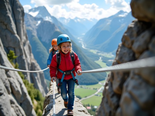 Family experiencing via ferrata climbing adventure on mountain face near Interlaken