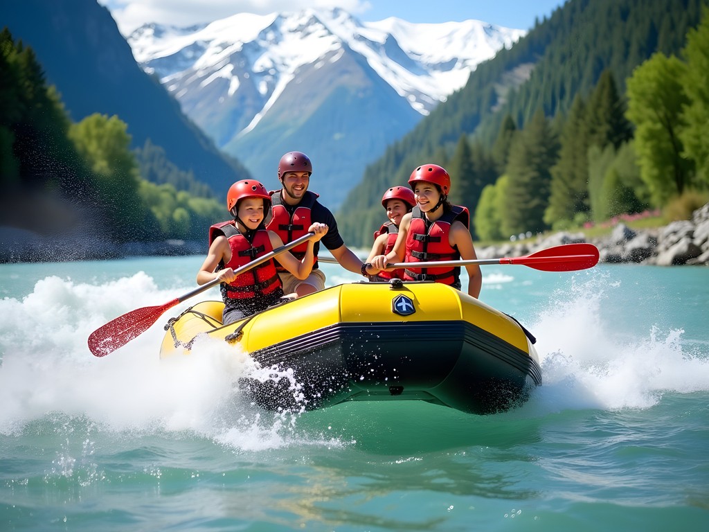 Family white water rafting adventure on Lütschine River in Interlaken with mountain backdrop