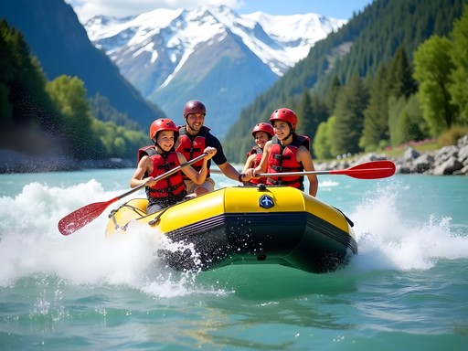 Family white water rafting adventure on Lütschine River in Interlaken with mountain backdrop