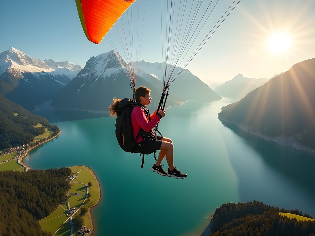 Family paragliding experience over Lake Thun in Interlaken with mountain backdrop