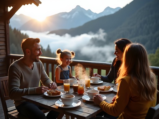 Family enjoying breakfast on mountain lodge terrace with panoramic Alpine views in Interlaken
