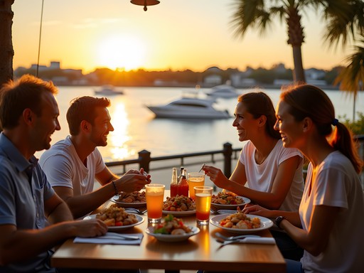 Family enjoying riverside dining in Jacksonville with sunset views
