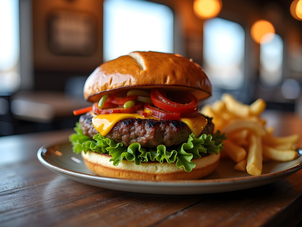 Buffalo burger with local ingredients at family restaurant in Jamestown