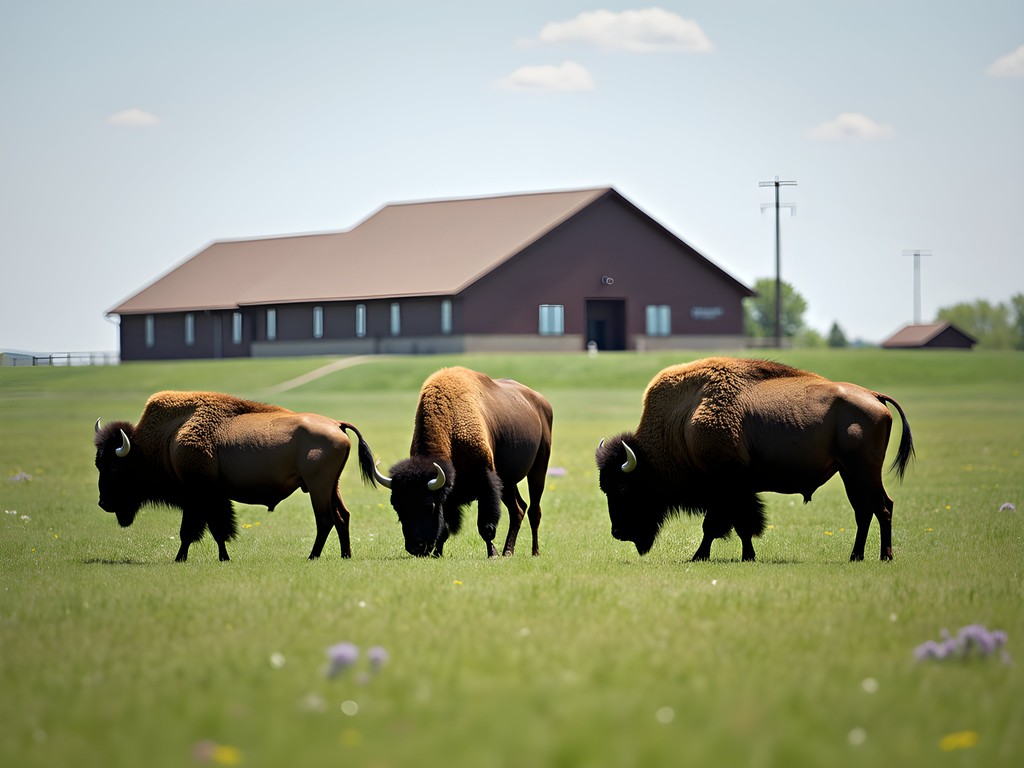 Live buffalo herd grazing on prairie near the National Buffalo Museum in Jamestown