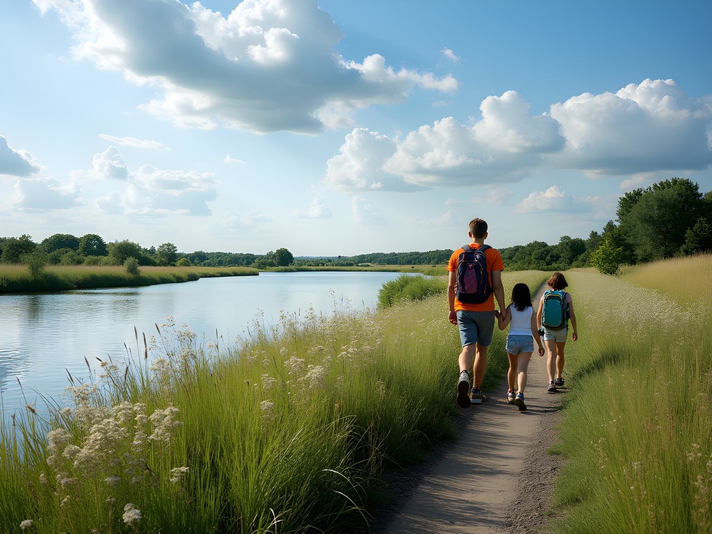 Family hiking along shoreline trail at Pipestem Reservoir in Jamestown North Dakota