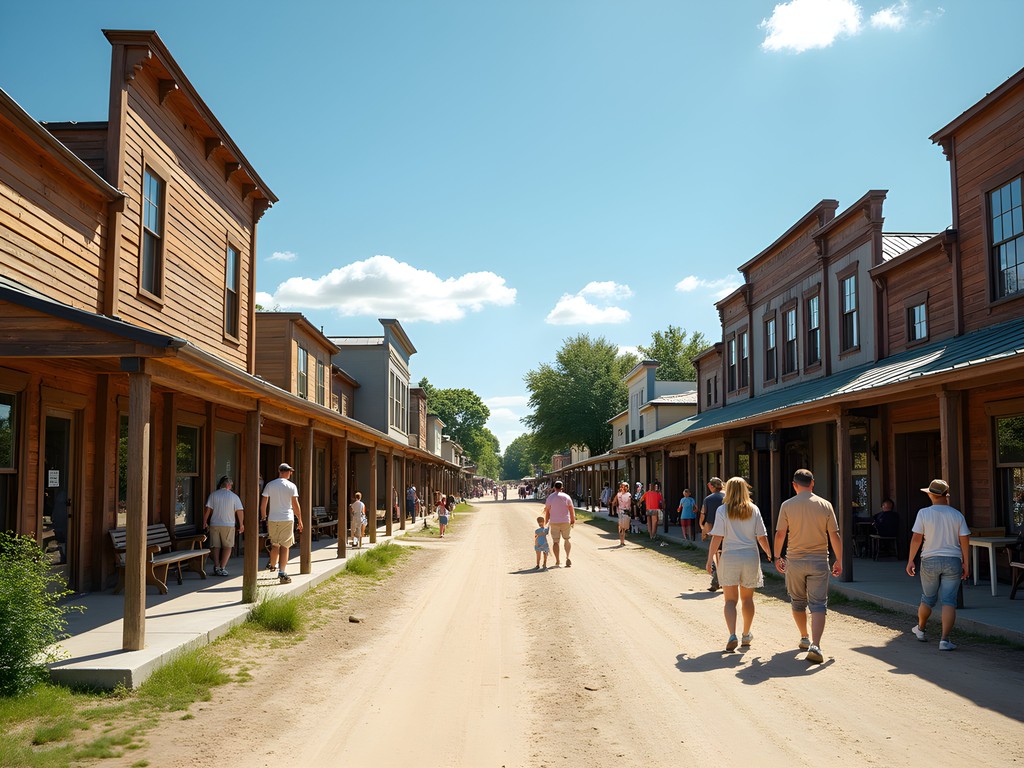 Historic main street of Frontier Village in Jamestown with wooden boardwalks and preserved buildings