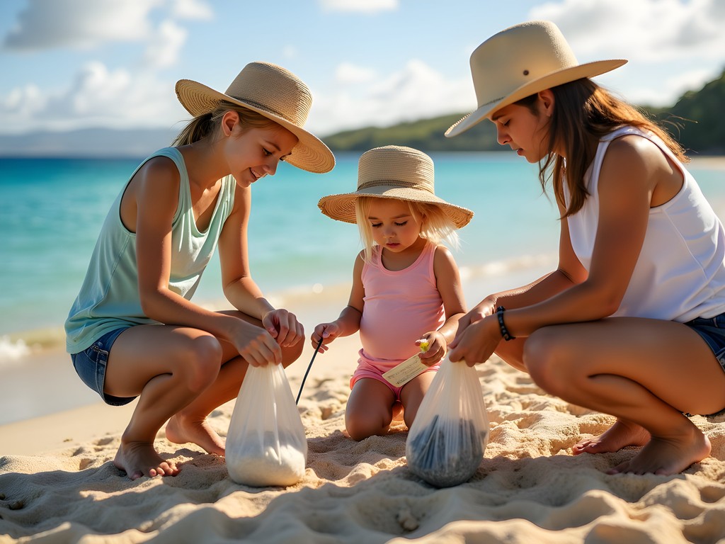 Family participating in beach cleanup conservation activity in Kailua