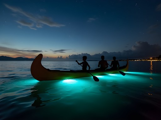 Family experiencing bioluminescence from traditional outrigger canoe in Kailua Bay at night