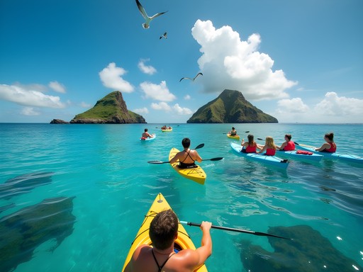 Family kayaking toward the Mokulua Islands with educational guide in Kailua