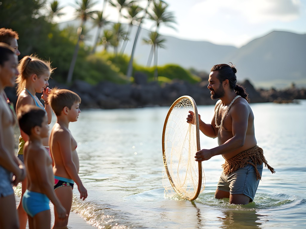 Native Hawaiian cultural practitioner demonstrating traditional fishing techniques to family in Kailua