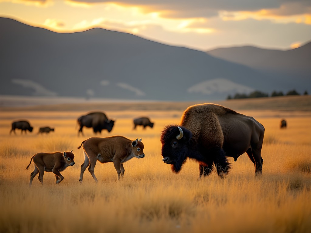 Family wildlife viewing at National Bison Range with bison herd in foreground