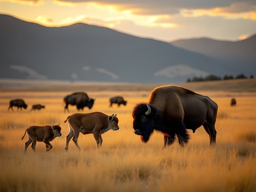 Family wildlife viewing at National Bison Range with bison herd in foreground
