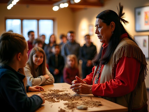Indigenous cultural demonstration with family audience at cultural center near Kalispell