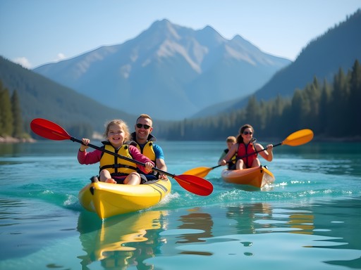 Family kayaking on Flathead Lake with mountain backdrop and clear blue water