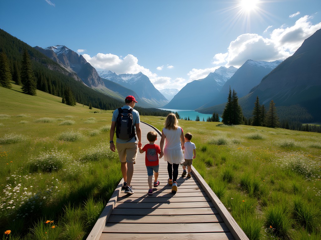 Family hiking on Hidden Lake Overlook trail with mountain views in Glacier National Park