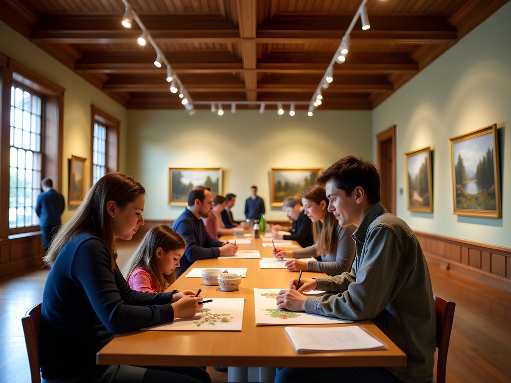 Family participating in art activity at Hockaday Museum in Kalispell with historic building interior visible