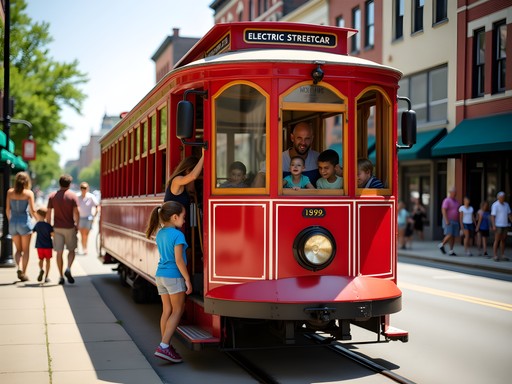 Colorful vintage electric streetcar traveling along Kenosha's lakefront with families boarding