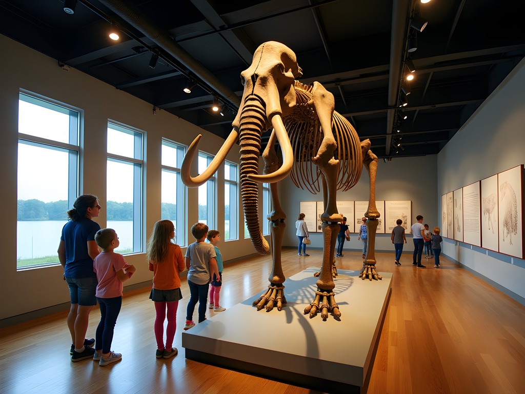 Children examining the woolly mammoth exhibit at Kenosha Public Museum