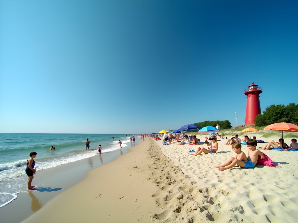 Families enjoying sunny day at Simmons Island Beach in Kenosha with lighthouse in background