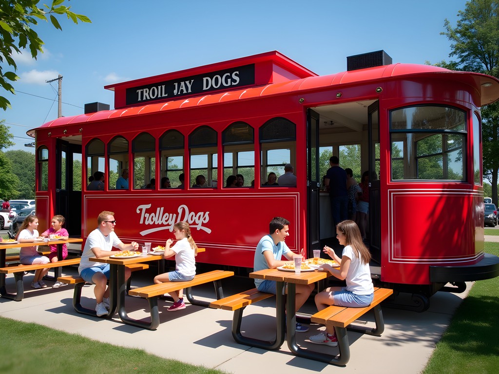 Families enjoying Chicago-style hot dogs at Trolley Dogs converted streetcar restaurant