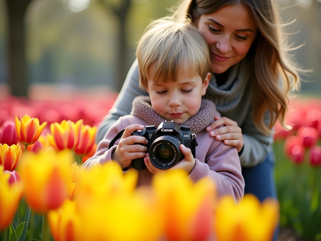 Young child photographing tulips at Keukenhof Gardens with adult guidance