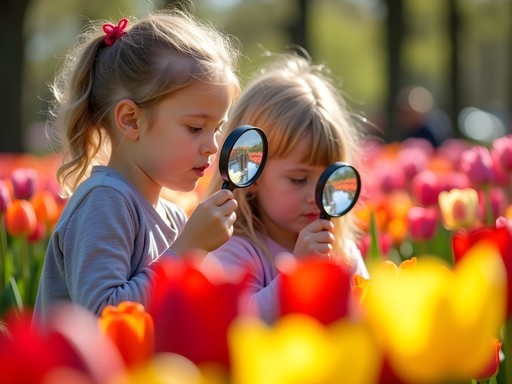 Children exploring colorful tulip displays at Keukenhof Gardens with magnifying glasses