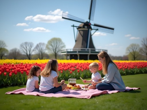 Family enjoying picnic near the traditional windmill at Keukenhof Gardens surrounded by tulip fields