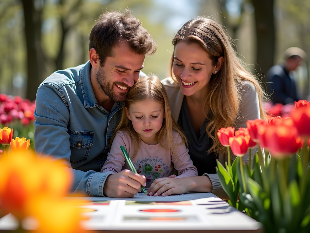 Educational moment at Keukenhof Gardens with family examining tulip varieties and cultivation displays