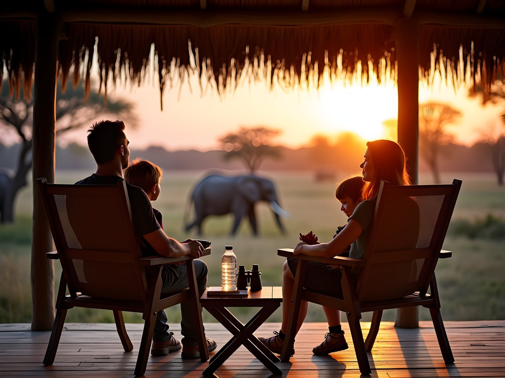 Family enjoying sunset from the veranda of a Kruger National Park rest camp cottage