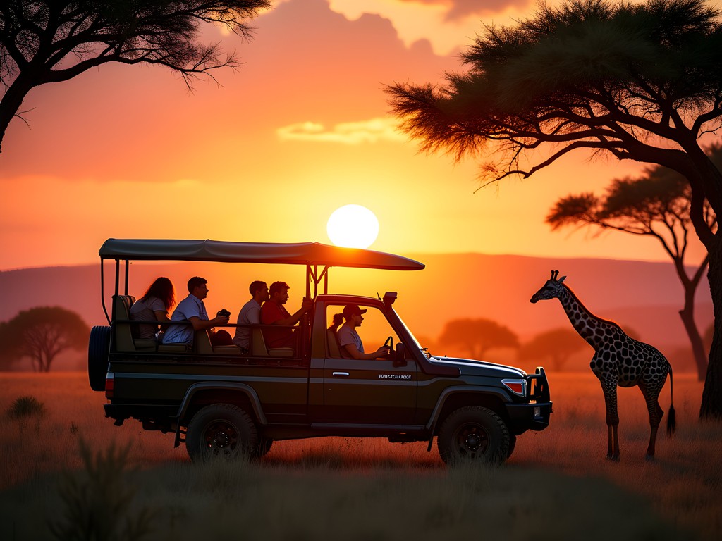 Family enjoying sunrise game drive in Kruger National Park with giraffes in background