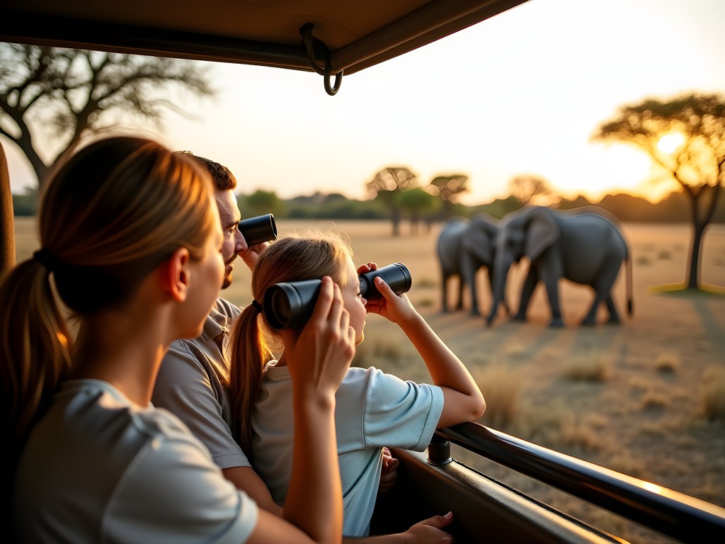 Family safely observing elephants from appropriate distance in Kruger National Park