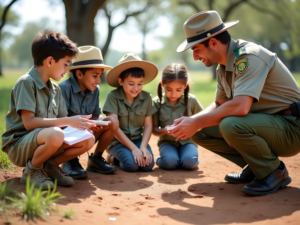 Children participating in Kruger National Park's Junior Ranger program examining animal tracks