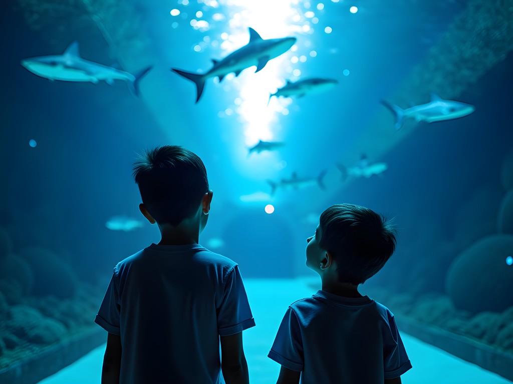 Children silhouetted against blue underwater tunnel at Aquaria KLCC