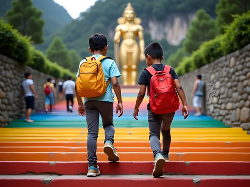 Children climbing colorful steps to Batu Caves with golden Murugan statue