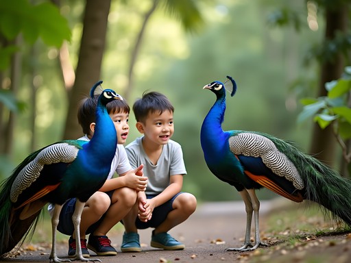 Children observing peacocks in natural setting at KL Bird Park