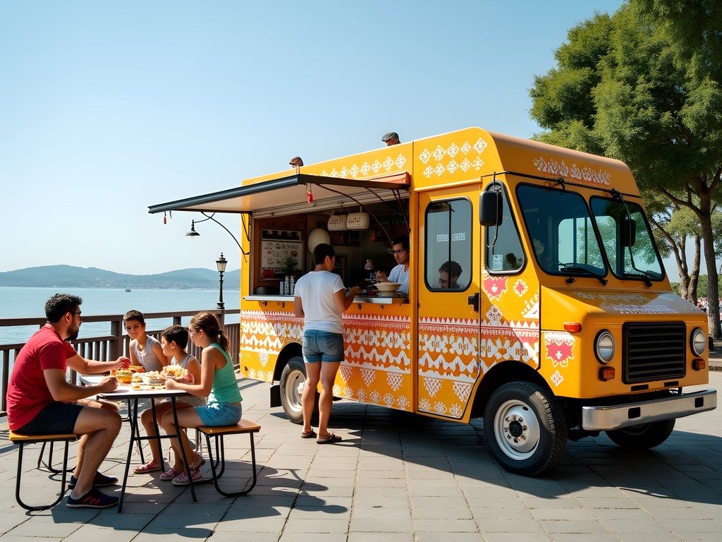Modern food truck serving traditional Hungarian lángos by Lake Balaton