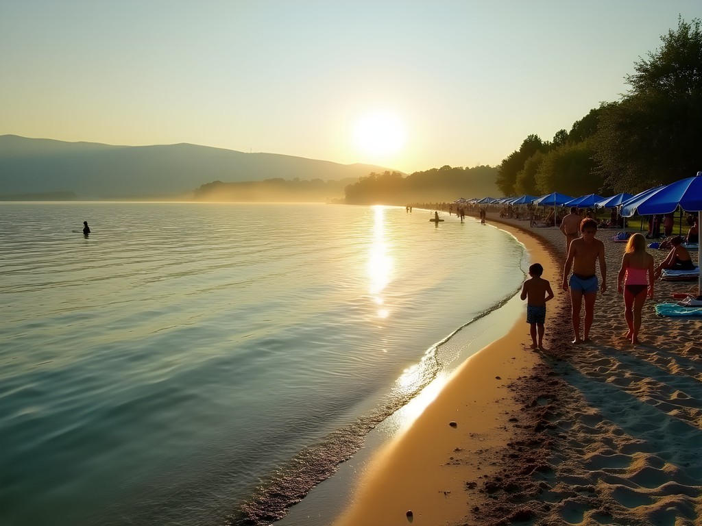 Calm morning waters at Lake Balaton's northern shore with families setting up for the day