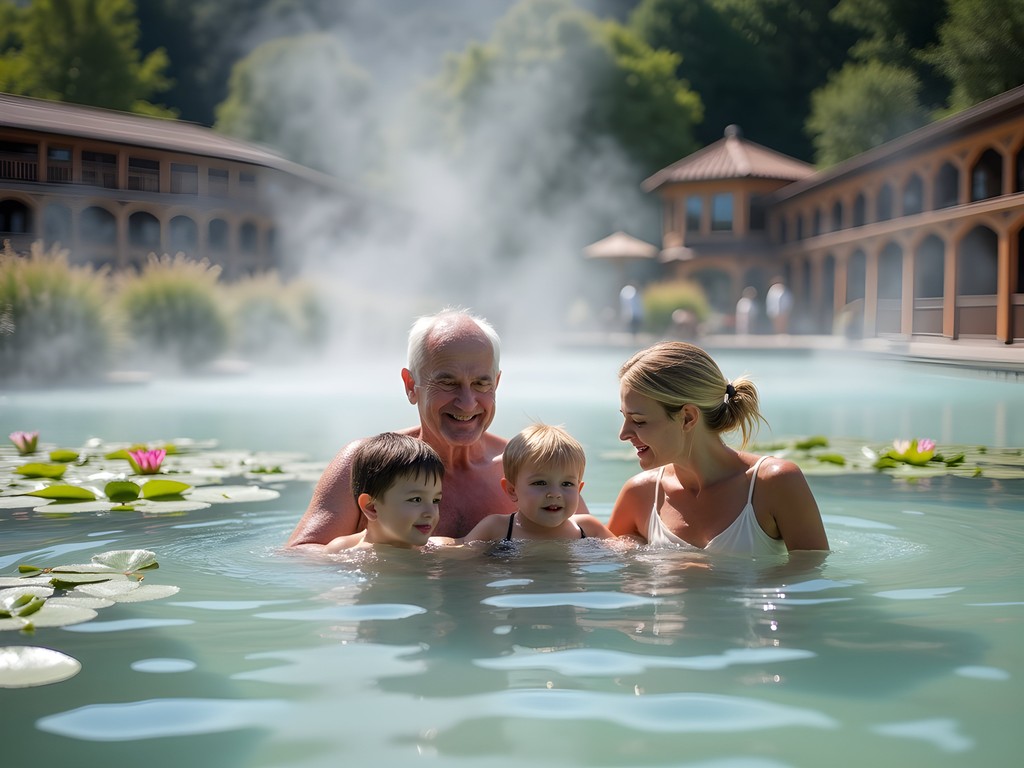 Multigenerational family enjoying HĂ©vĂz thermal lake near Lake Balaton
