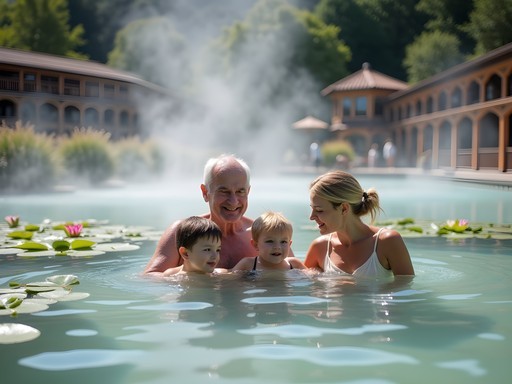 Multigenerational family enjoying Hévíz thermal lake near Lake Balaton