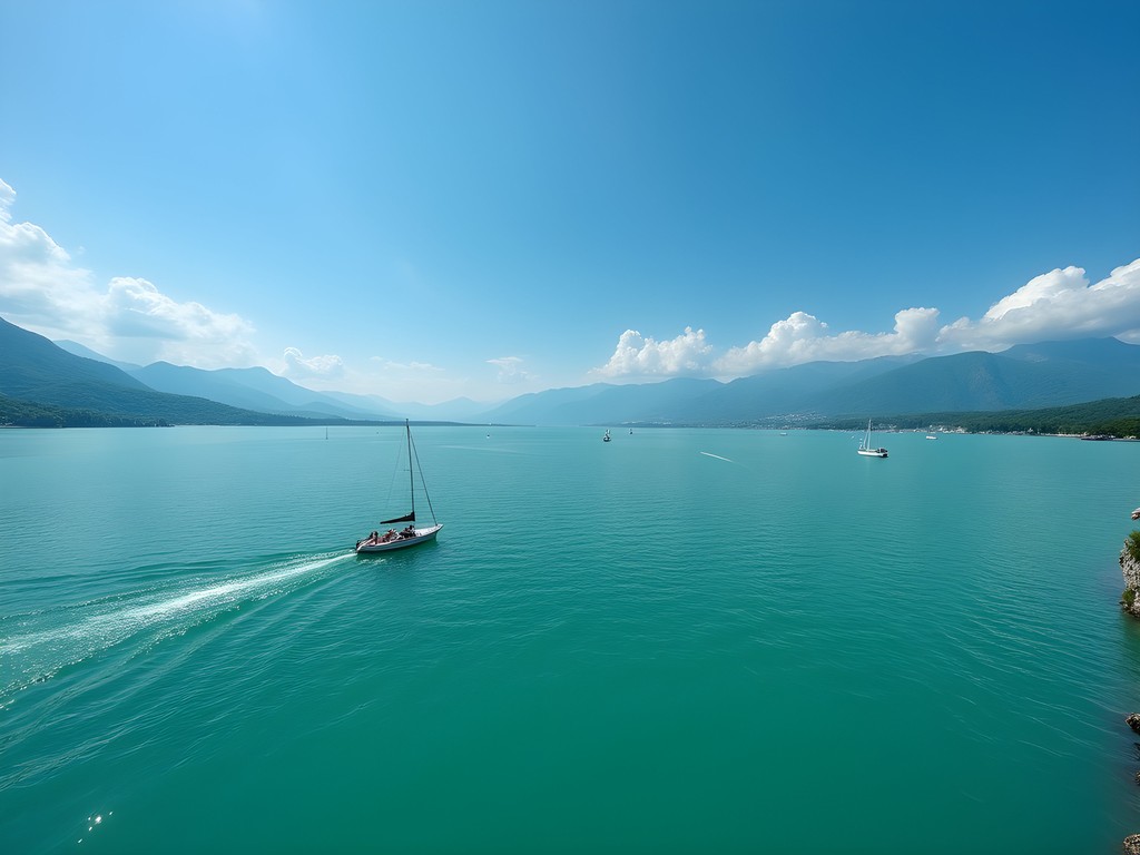 Panoramic view of Lake Balaton's turquoise waters with mountains in background