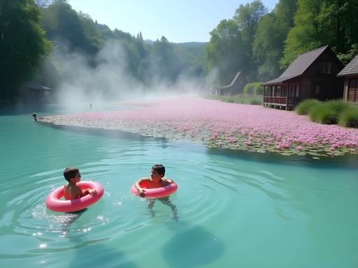 Children floating among water lilies in the thermal waters of Lake Hévíz