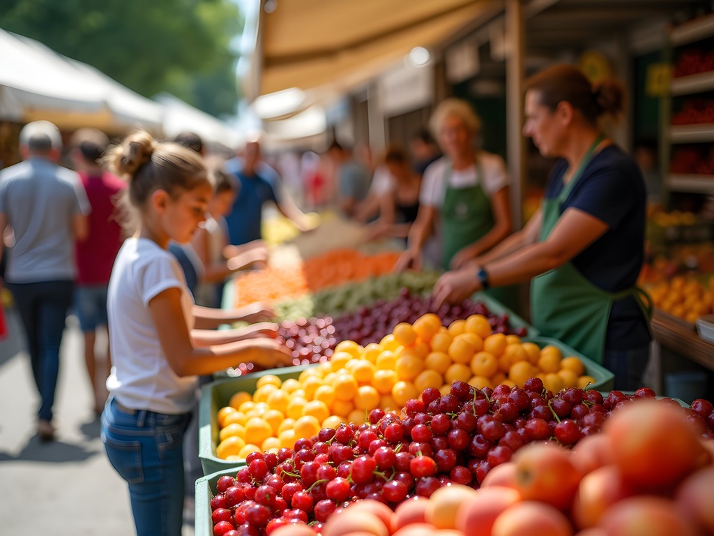 Children learning Hungarian food names at Keszthely market near Lake Balaton