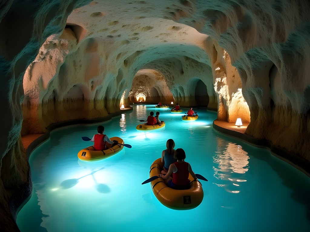 Families boating through the underground cave lake at Tapolca near Lake Balaton