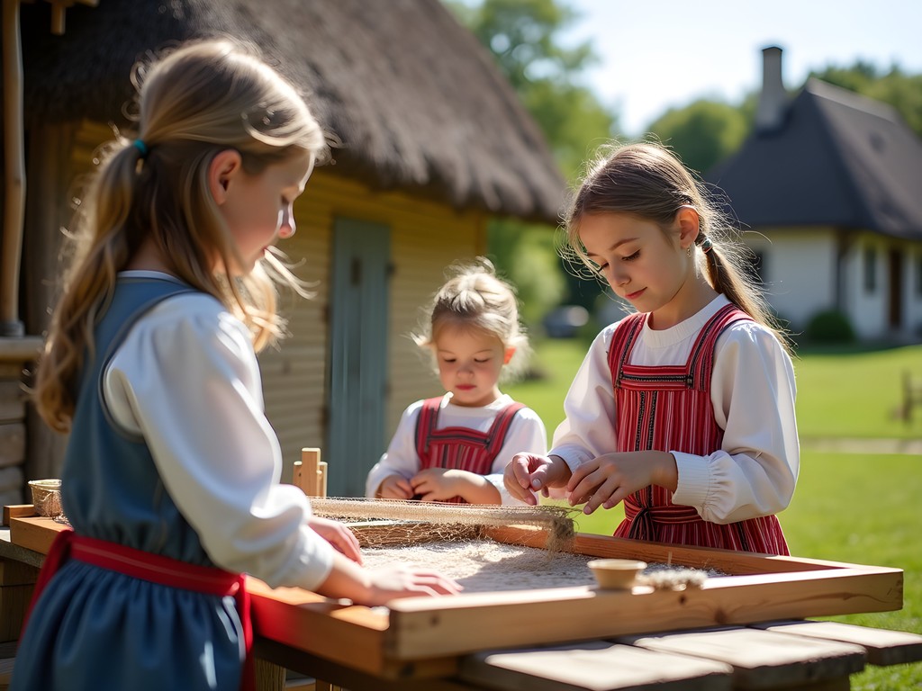 Children learning traditional Hungarian crafts at Tihany Open-Air Museum