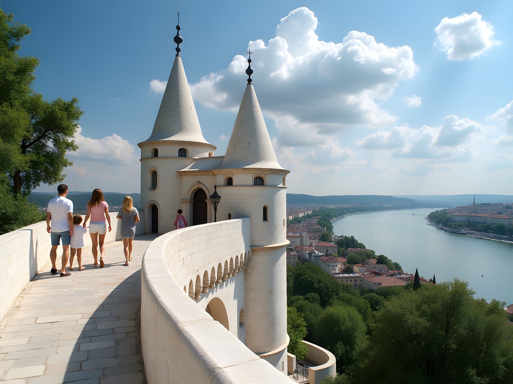Family enjoying the fairy-tale turrets of Fisherman's Bastion in Budapest