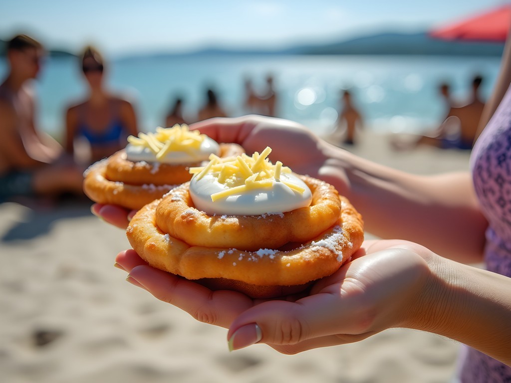 Family enjoying traditional Hungarian langos at Lake Balaton beach