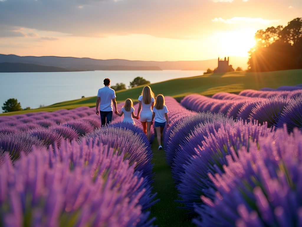 Family walking through purple lavender fields near Tihany, Lake Balaton