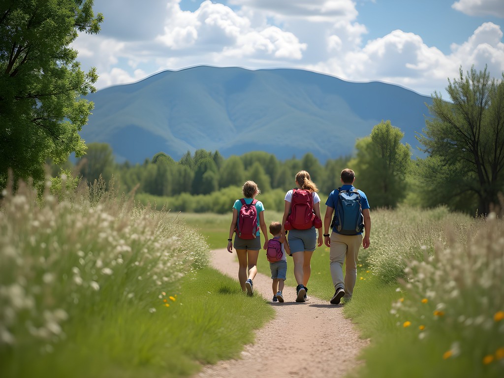 Family hiking on Bear Creek Lake Park trail with mountain views